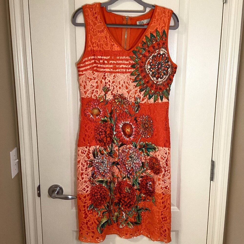 G L Women's Crochet Sleeveless Dress Orange Floral Fully Lined Colorful Tropical